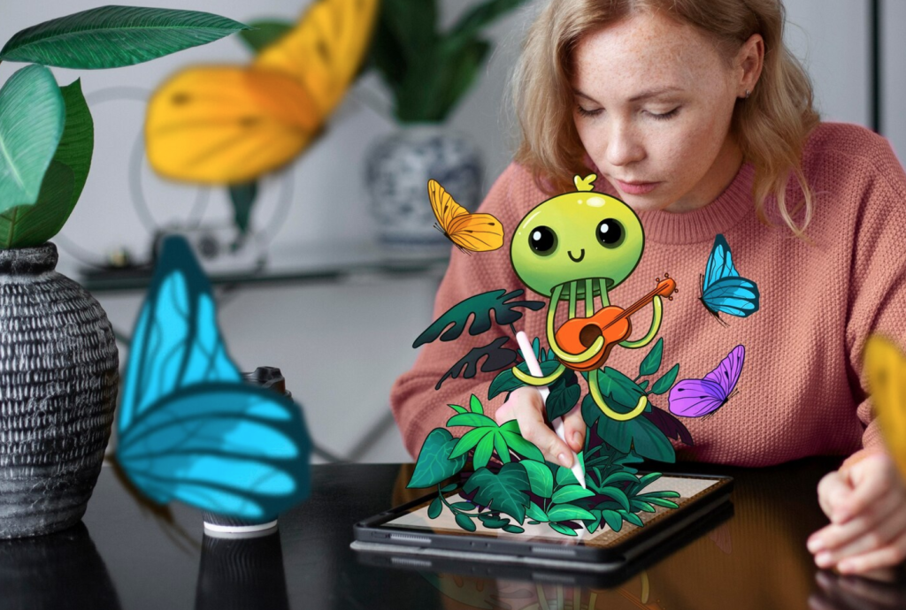 Woman using a tablet to create colorful digital art featuring a cute cartoon character with butterflies.