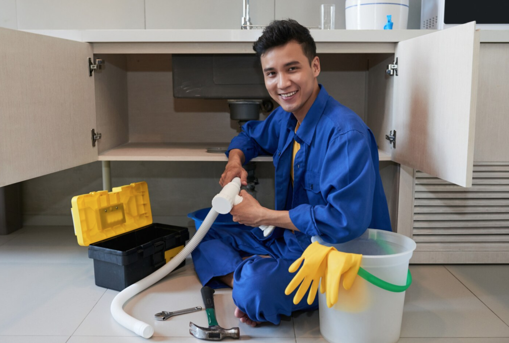 Plumber in blue uniform fixing a pipe under a sink with tools and a bucket nearby, smiling at the camera.