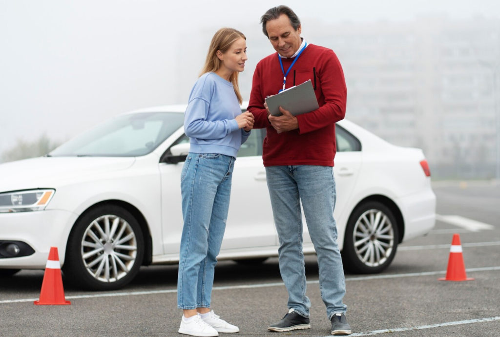 Driving instructor reviews notes with student near a white car in a parking lot.