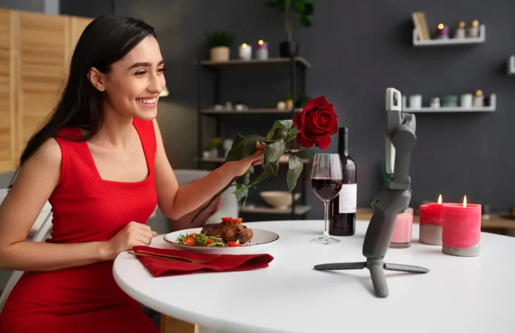 Woman in red holding a rose, smiling at a dinner setup with wine and candles, using a smartphone stand.