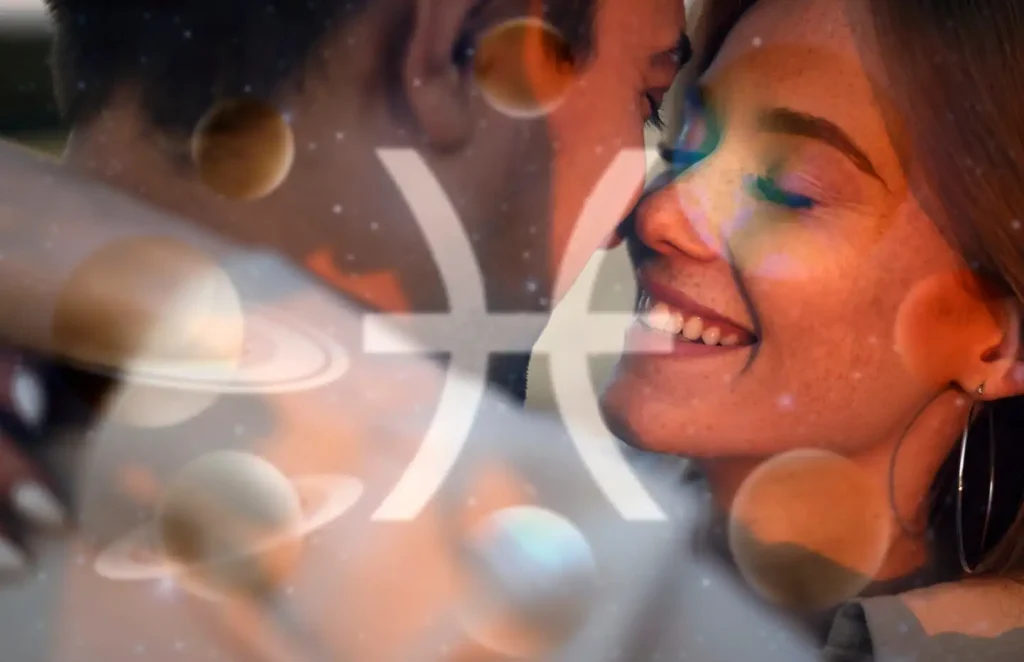 Couple embracing with a Pisces symbol and planets overlayed, creating a cosmic, romantic atmosphere.