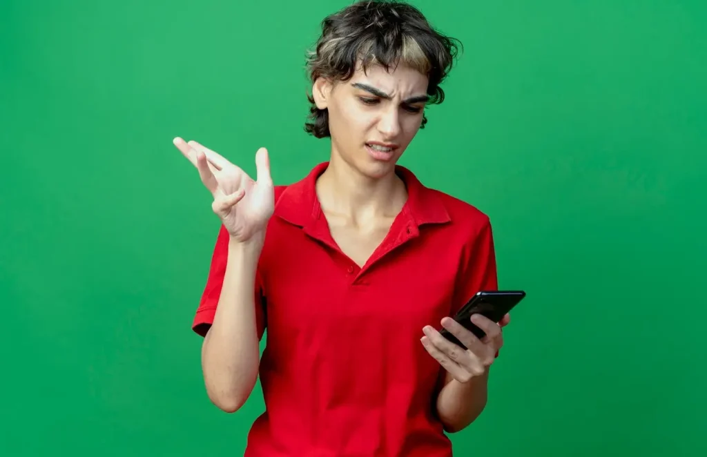 Person in red shirt looks confused while holding a smartphone against a green background.
