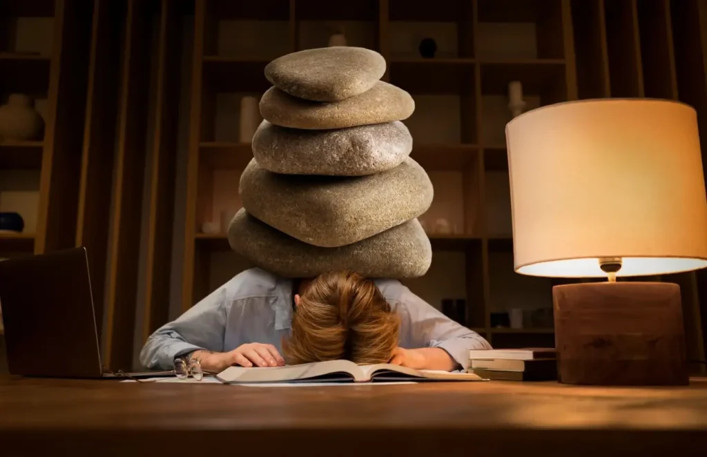 Person overwhelmed with stacked rocks on head, leaning over an open book at a desk, symbolizing stress or pressure.