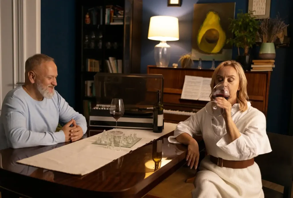 A man and woman enjoy wine at a table with a chess set, next to a piano with sheet music and a painting in the background.