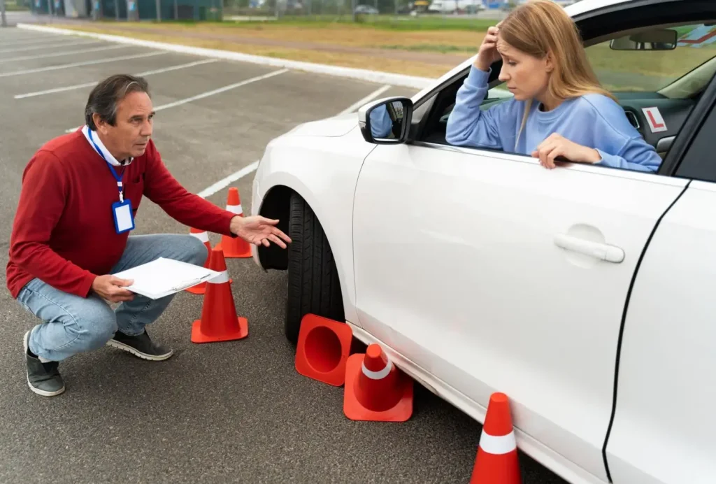 Driving instructor gesturing at cones under car, while a frustrated learner driver sits inside, holding her head.