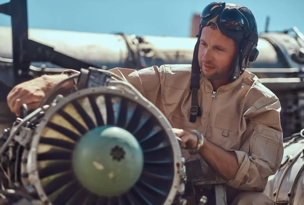 Man in vintage pilot gear examines aircraft engine in sunny outdoor setting.