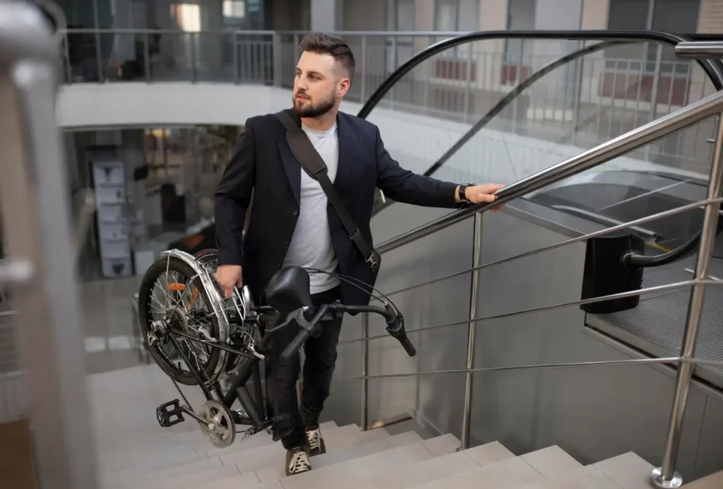 Man carrying a folded bike up the stairs in a modern building, wearing a blazer and looking to the side.
