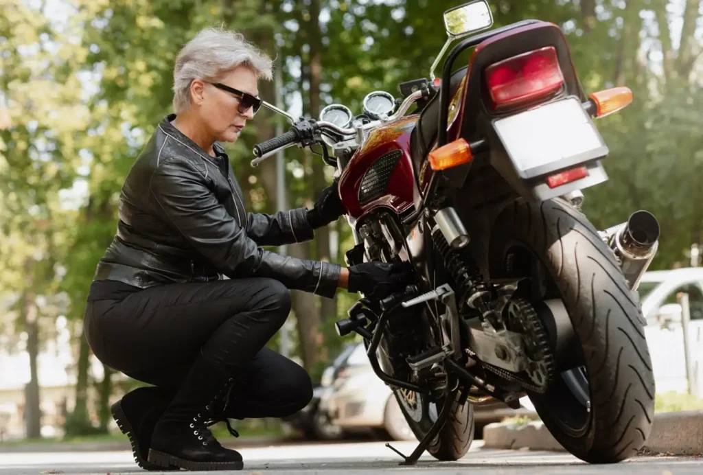 Woman in leather jacket crouching beside a motorcycle, adjusting parts, with trees in the background.