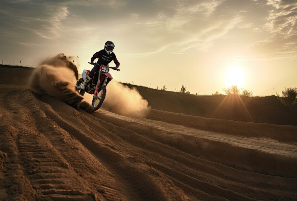 Dirt biker rides through sandy terrain at sunset, leaving a trail of dust behind.