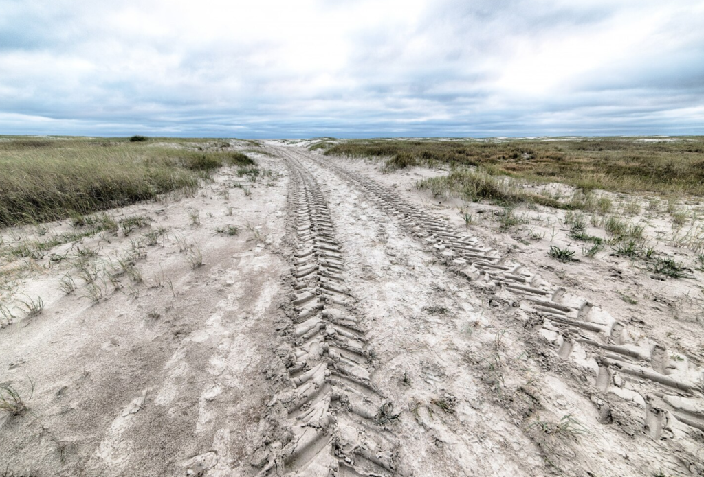 Sandy dirt path with tire tracks, surrounded by sparse grass under a cloudy sky.