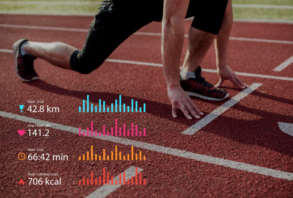 Athlete crouched on track with performance metrics: 42.8 km, 141.2 avg heart rate, 66:42 mins, 706 kcal burned.