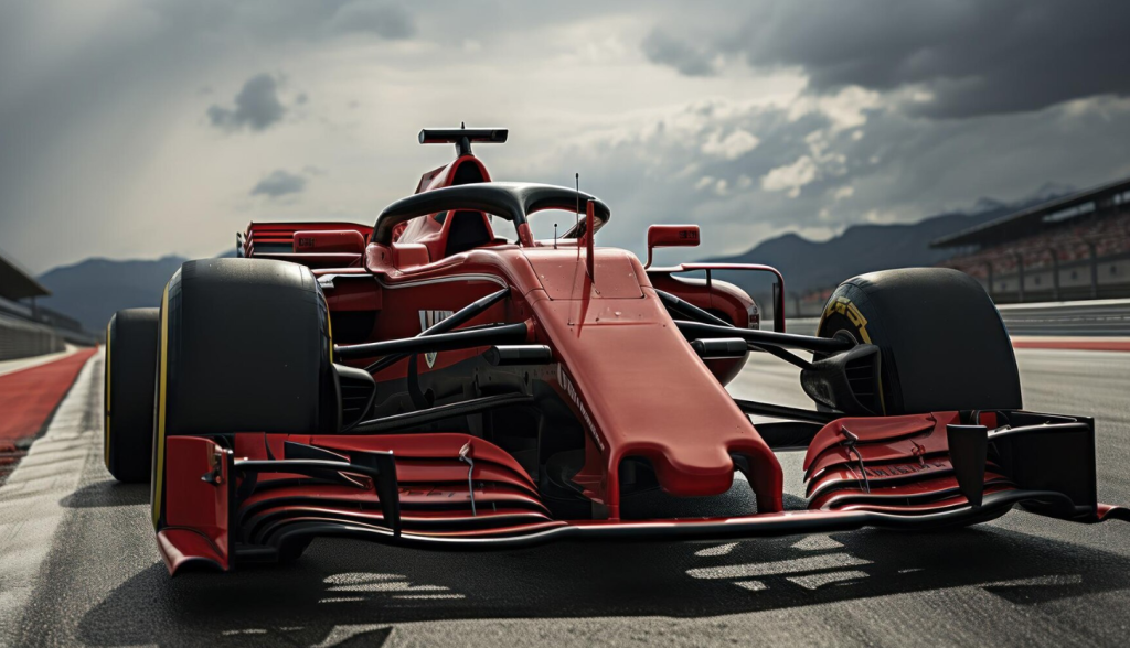Red Formula 1 car parked on a racetrack, with a dramatic cloudy sky and mountains in the background.