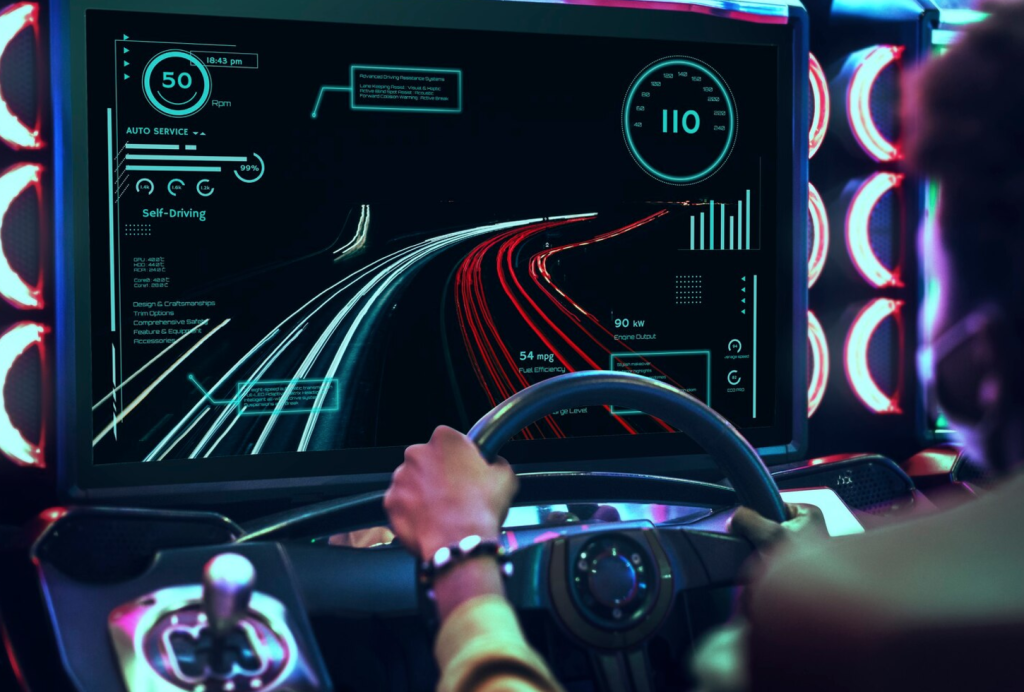 Person driving a futuristic car with a digital dashboard displaying speed, route, and self-driving information.