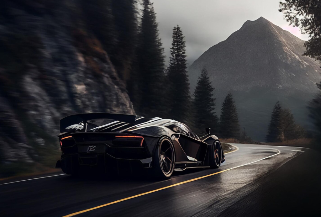 Sleek black sports car driving on a winding mountain road with pine trees and a towering peak in the background.