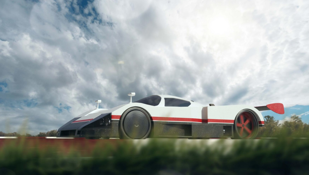 Futuristic white sports car with red accents driving on a road under a cloudy sky.